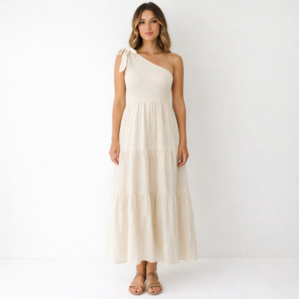 NWT Merokeety One Shoulder Maxi Dress Women Sz S Cream Tiered Smocked‎ Boho